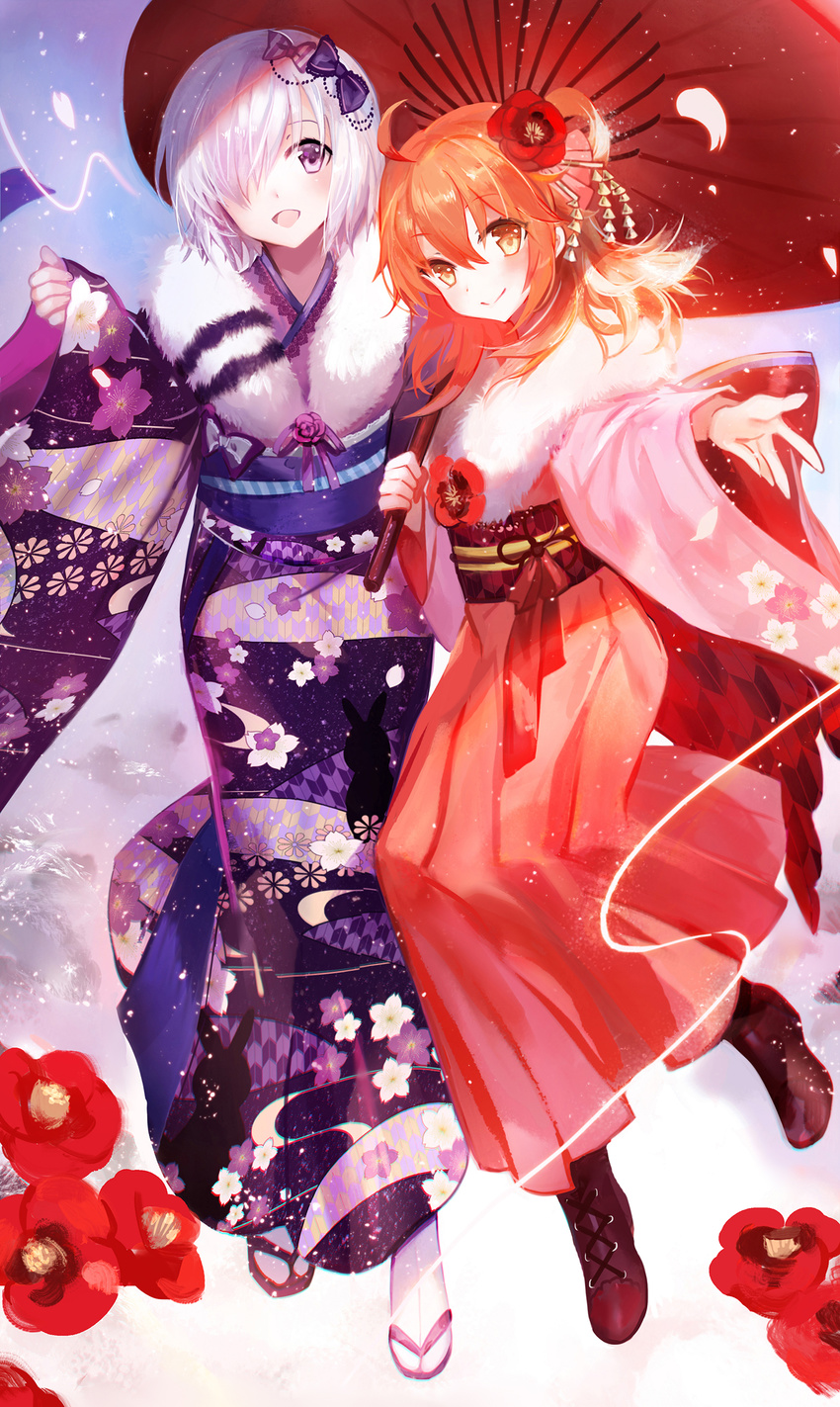 fate/grand_order female_protagonist_(fate/grand_order) fujimaru_ritsuka japanese_clothes kimono mash_kyrielight moemoe3345 umbrella