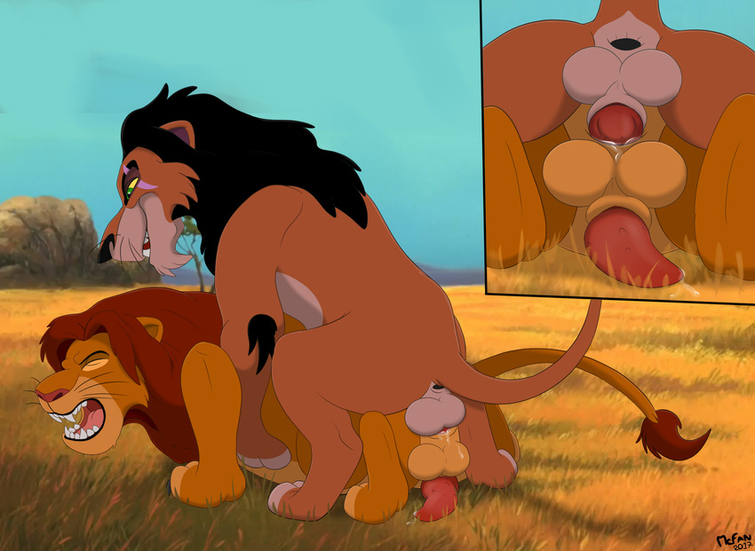 anal anal_penetration animal_genitalia animal_penis anus balls cum cum_inside disney duo erection feline feral feral_on_feral forced fur incest lion male male/male mammal mcfan open_mouth outside penetration penis rape scar_(the_lion_king) sex simba smile the_lion_king