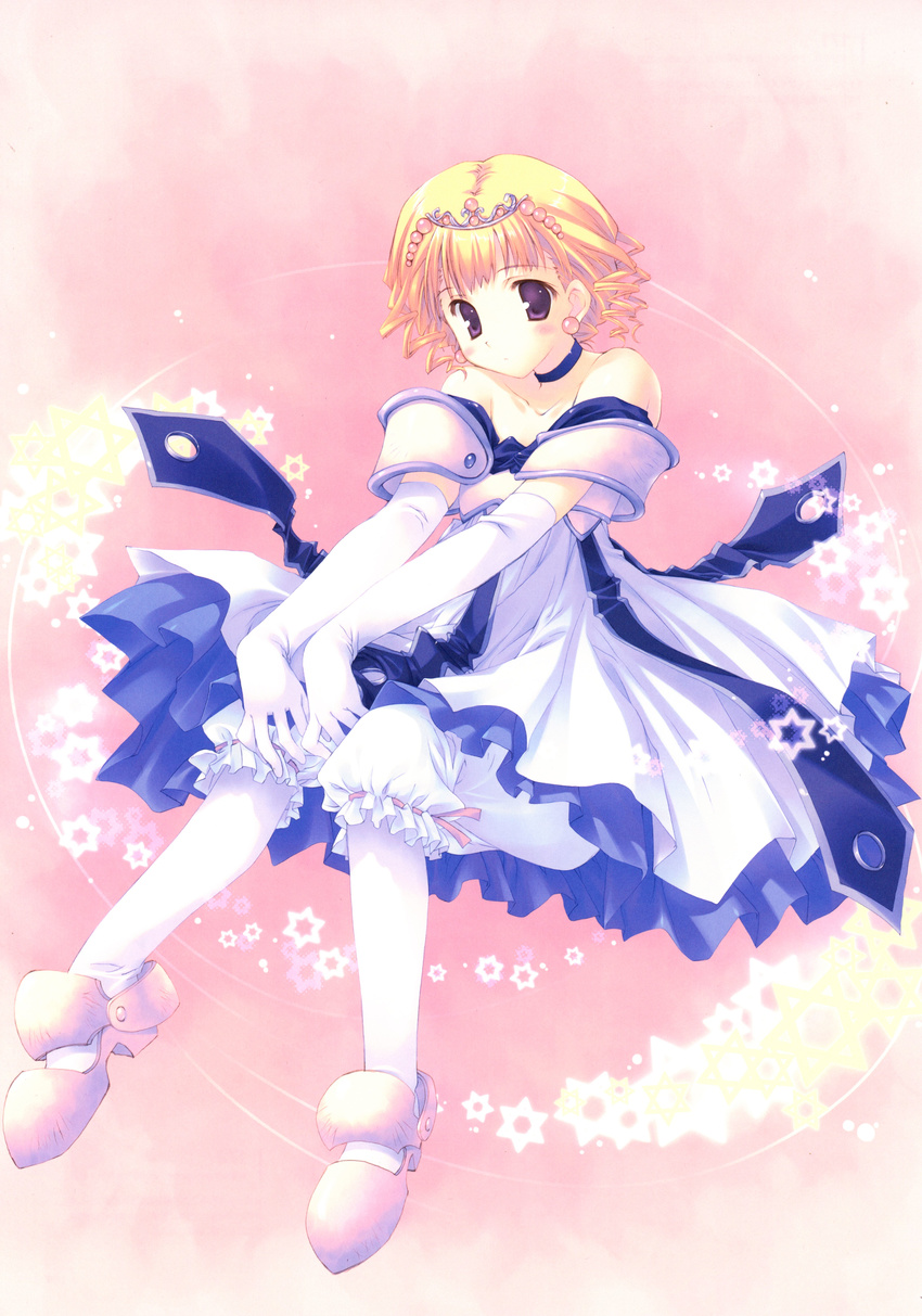 absurdres bangs bare_shoulders blonde_hair blush choker dress earrings elbow_gloves eyebrows_visible_through_hair full_body fullani gloves highres jewelry looking_at_viewer mitsumi_misato official_art pantyhose pink_background princess_(fullani) purple_eyes scan shoes short_hair simple_background solo strapless strapless_dress tiara white_gloves