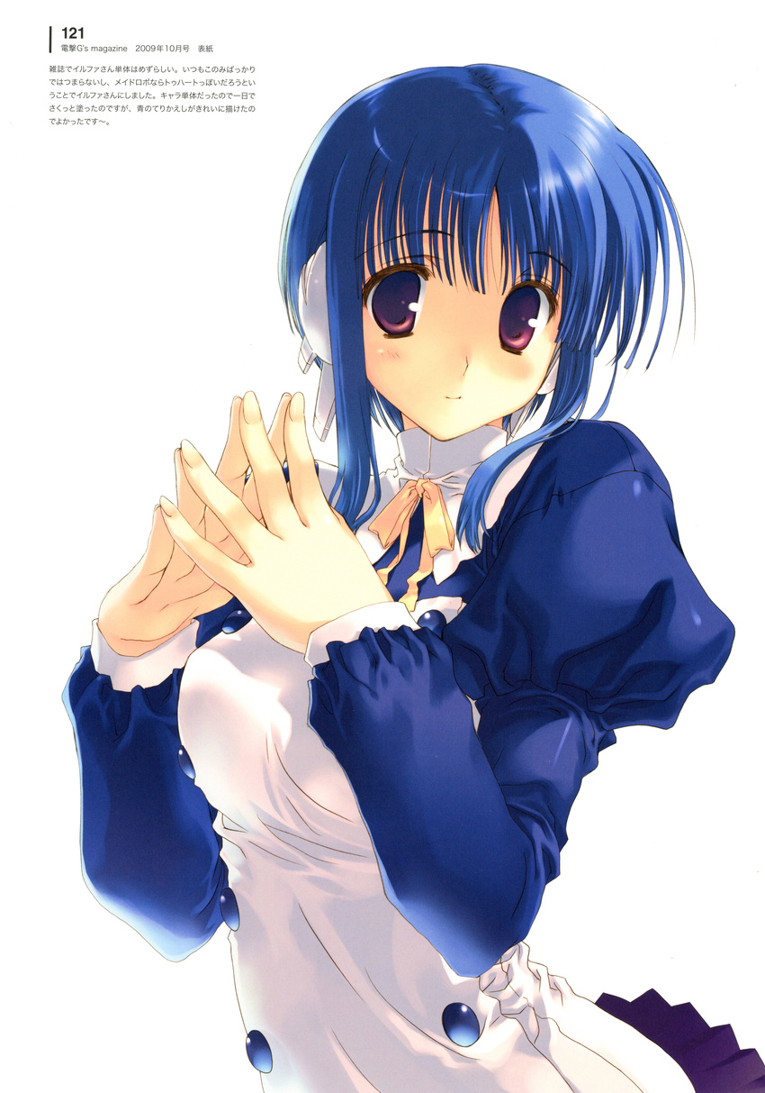 absurdres bangs blue_hair blush bow bowtie breasts dress highres ilfa juliet_sleeves long_sleeves looking_at_viewer medium_breasts mitsumi_misato official_art page_number puffy_sleeves purple_eyes scan simple_background solo steepled_fingers to_heart_2 turtleneck upper_body white_background