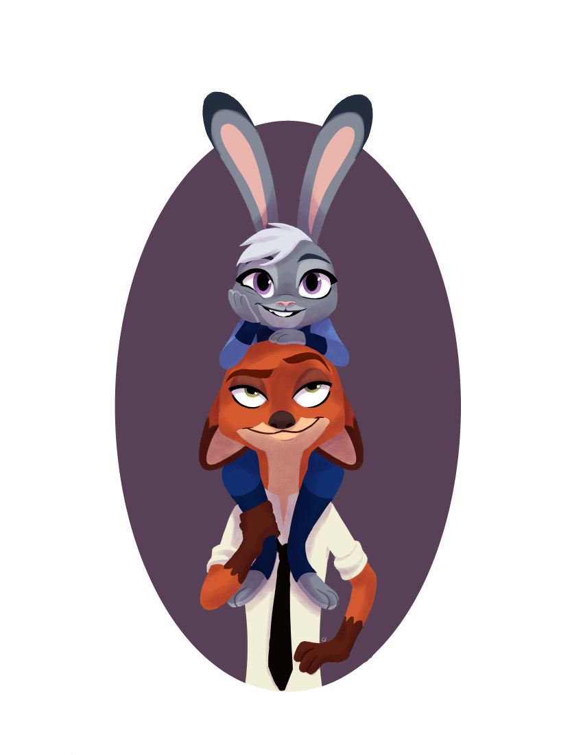 2016 absurd_res anthro carrying clothed clothing dipstick_ears disney duo ears_down fully_clothed fur gloves_(marking) green_eyes grey_body grey_fur hi_res itty_bitties judy_hopps lagomorph leporid mammal markings multicolored_ears necktie nick_wilde on_shoulders orange_body orange_fur pink_nose pivoted_ears purple_background purple_eyes rabbit shirt simple_background smile toeless_legwear topwear white_background zootopia