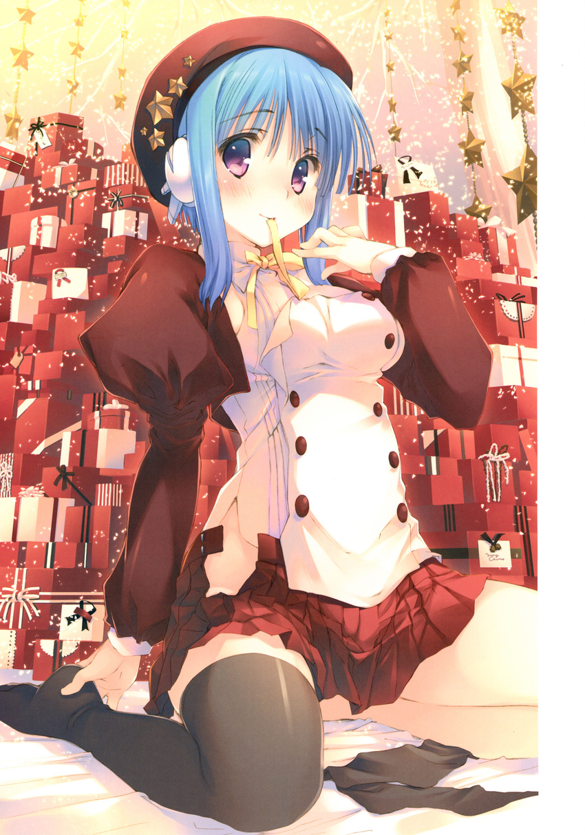 absurdres bangs beret black_legwear blue_hair blush bow bowtie box breasts eyebrows_visible_through_hair full_body gift gift_box hat highres ilfa juliet_sleeves legwear_removed long_sleeves looking_at_viewer medium_breasts mitsumi_misato mouth_hold official_art puffy_sleeves purple_eyes scan short_hair sitting skirt smile solo to_heart_2 wariza