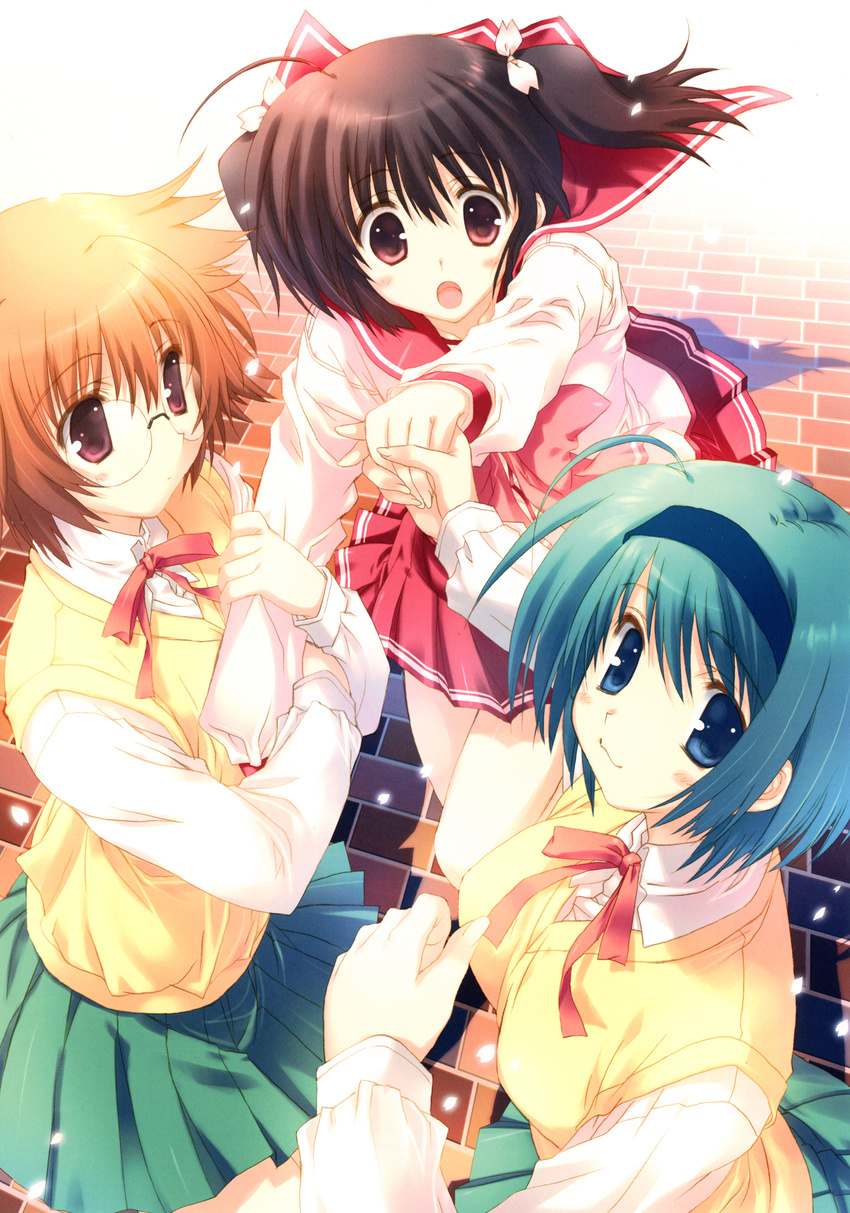 absurdres bangs blue_eyes bow breasts brown_hair eyebrows_visible_through_hair glasses green_hair green_skirt hair_bow hairband highres holding_hands long_sleeves looking_at_viewer medium_breasts mitsumi_misato multiple_girls official_art open_mouth pleated_skirt red_eyes red_skirt scan school_uniform serafuku short_twintails skirt small_breasts sweater_vest to_heart_2 twintails yamada_michiru yoshioka_chie yuzuhara_konomi