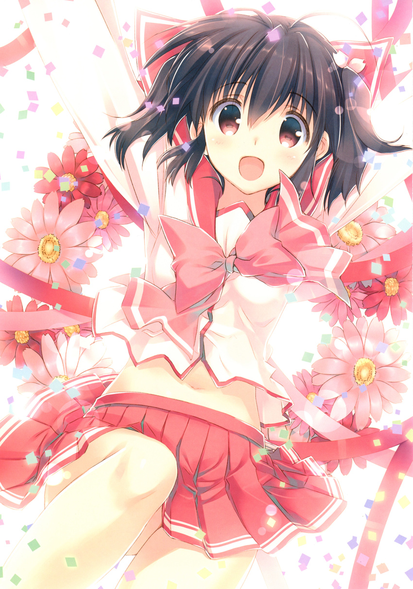 :d absurdres arms_up bangs bow bowtie breasts brown_hair confetti eyebrows_visible_through_hair flower hair_bow highres long_sleeves looking_at_viewer mitsumi_misato navel official_art open_mouth pleated_skirt red_eyes red_skirt scan school_uniform serafuku short_twintails simple_background skirt small_breasts smile solo to_heart_2 twintails yuzuhara_konomi