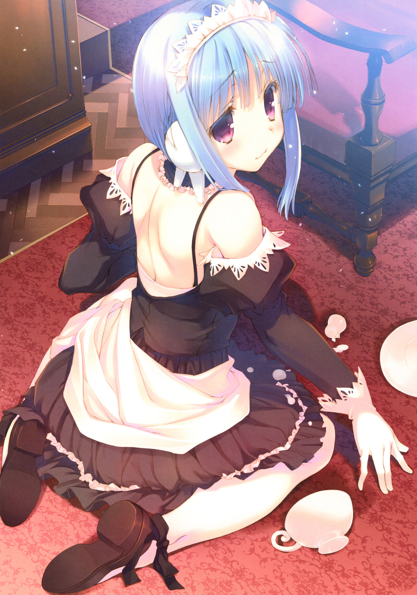 absurdres bangs bare_shoulders black_dress blue_hair blush chair cup detached_collar dress eyebrows_visible_through_hair frills gloves highres ilfa indoors long_sleeves looking_at_viewer looking_back maid maid_headdress mitsumi_misato official_art pantyhose puffy_sleeves purple_eyes scan shoes skirt smile solo teacup to_heart_2 white_gloves