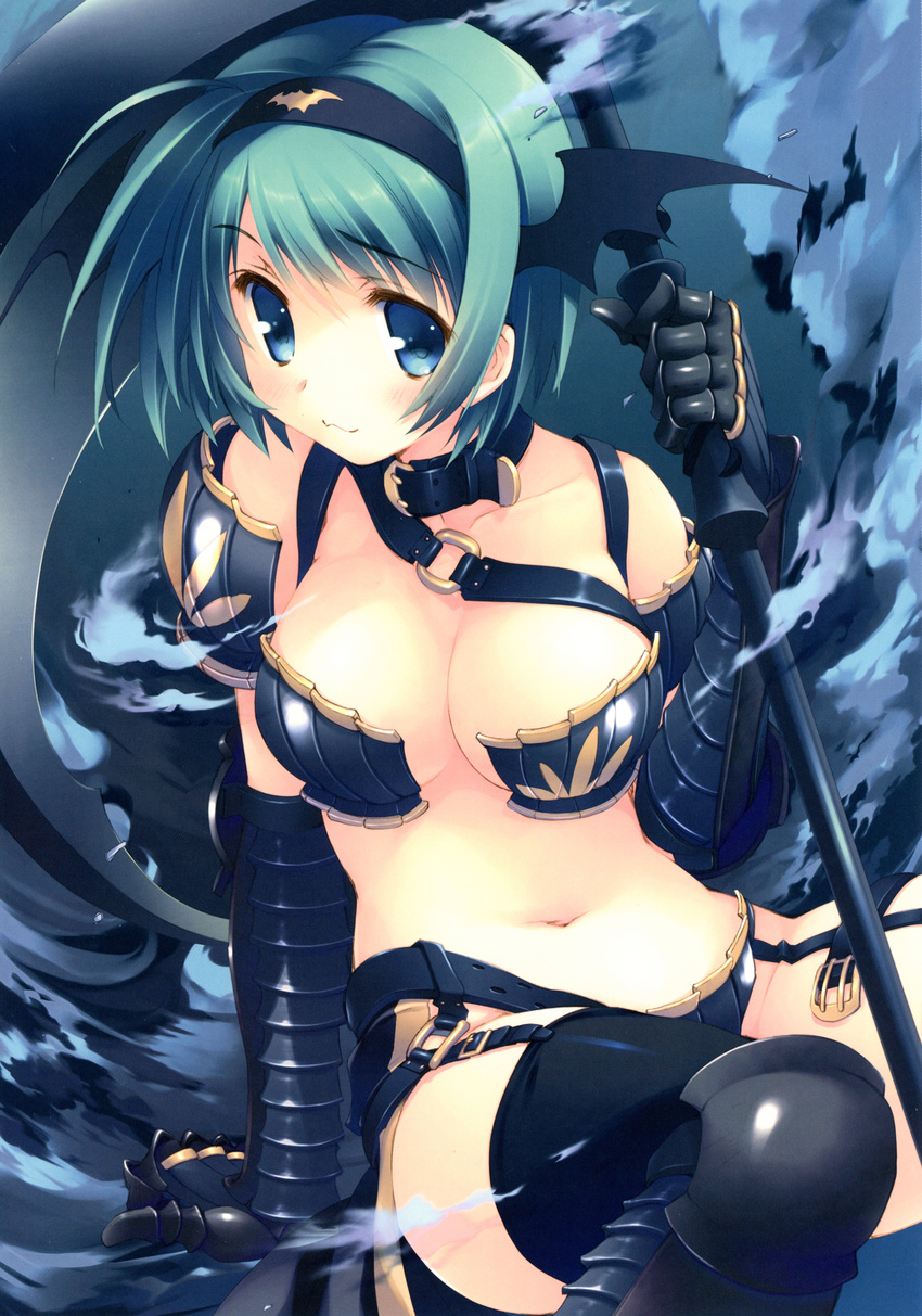 absurdres armor bangs black_legwear blue_eyes breasts collarbone eyebrows_visible_through_hair gauntlets green_eyes hairband highres holding holding_weapon looking_at_viewer medium_breasts mitsumi_misato navel official_art polearm scan short_hair sitting smile solo thighhighs to_heart_2 to_heart_2_dungeon_travelers weapon yoshioka_chie