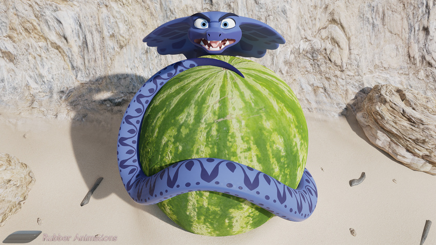 ajar ambiguous_gender angry cobra desert food fruit melon reptile rubber_(artist) sahara scalie snake snek solo watermelon