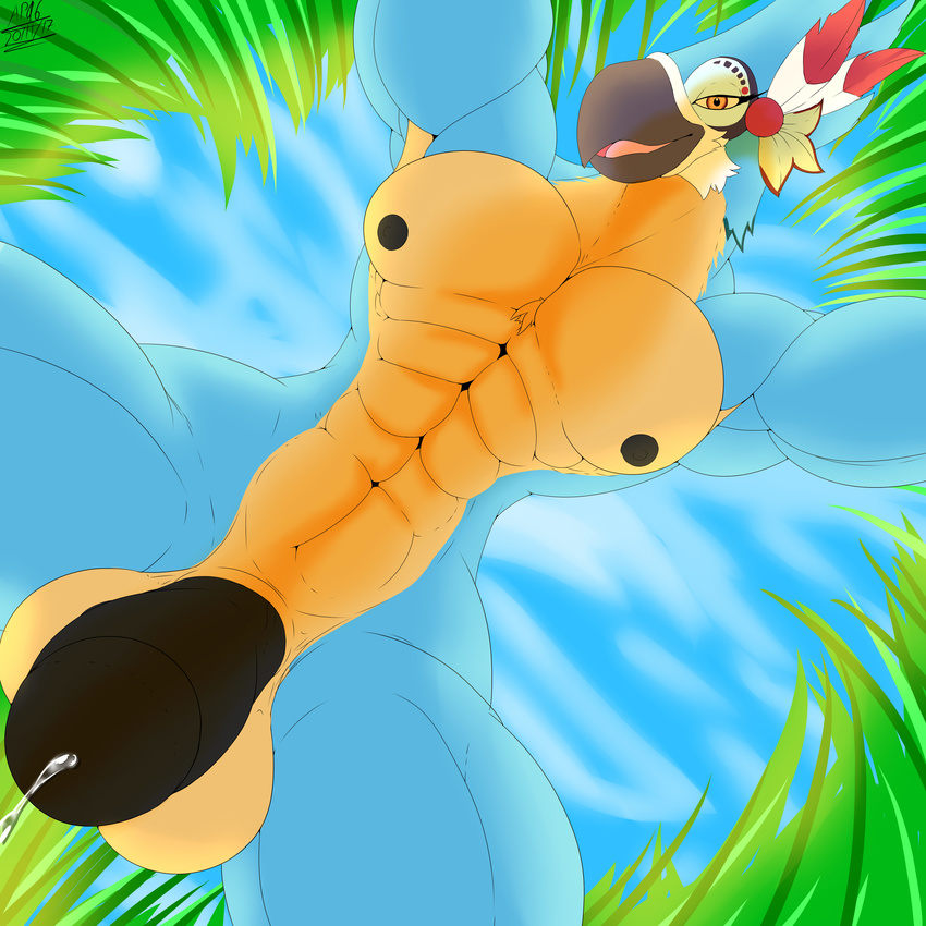 angrypotato96 anthro balls big_balls big_penis breath_of_the_wild humanoid_penis kass_(zelda) looking_at_viewer low-angle_view male muscular muscular_male nintendo nipples nude penis precum rito smile solo the_legend_of_zelda video_games