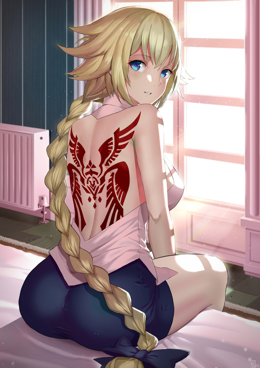 ass back_tattoo backless_outfit backlighting bangs bare_arms bare_shoulders bed between_legs black_bow blonde_hair blue_eyes blue_shorts blush bow braid breasts command_spell day fate/apocrypha fate_(series) flipped_hair from_behind hair_bow halterneck hand_between_legs heater highres indoors jeanne_d'arc_(fate) jeanne_d'arc_(fate)_(all) kakeku long_hair looking_back medium_breasts on_bed parted_bangs shirt short_shorts shorts sideboob single_braid sitting small_breasts solo sunlight tattoo thighs very_long_hair white_shirt window