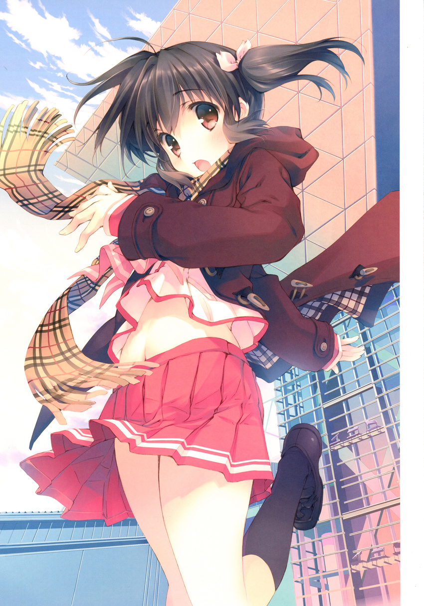 absurdres bangs black_legwear blue_sky blush bow bowtie brown_hair cloud coat day eyebrows_visible_through_hair highres leg_up long_sleeves looking_at_viewer mitsumi_misato official_art open_mouth outdoors pleated_skirt red_eyes red_skirt scan scarf school_uniform shoes short_hair short_twintails skirt sky solo to_heart_2 twintails winter_clothes yuzuhara_konomi