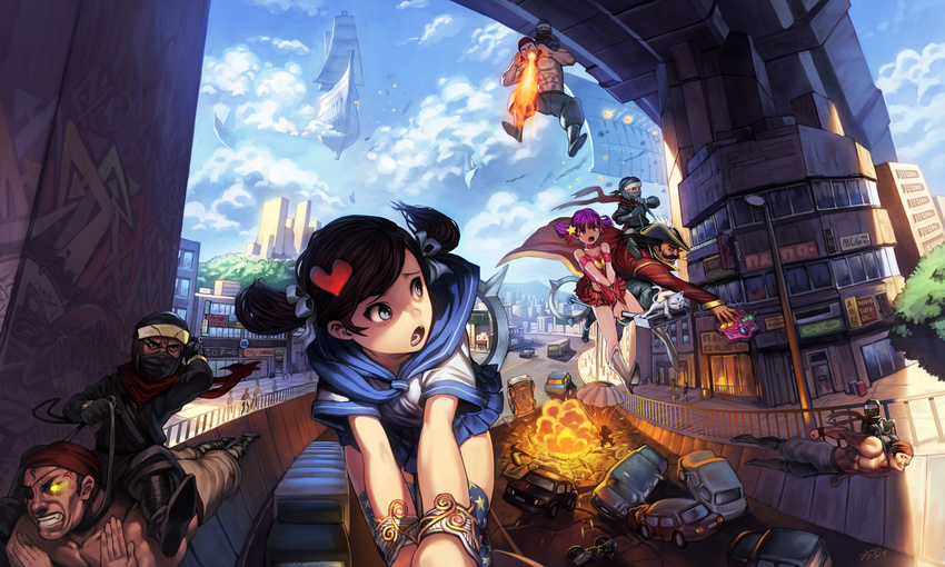 aircraft animal black_hair boots brown_hair building car cat city clouds eyepatch fang fire graffiti group hat mask ninja original pirate purple_hair ribbons saejin_oh scarf seifuku short_hair signed skirt topless twintails weapon witch