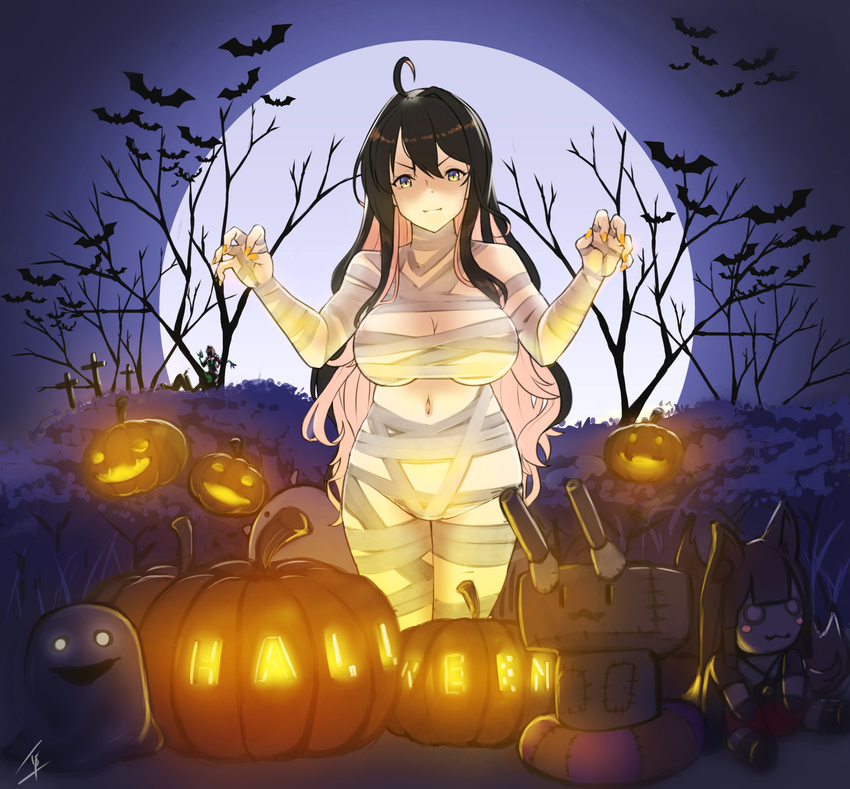 &gt;:) ahoge akagi_(azur_lane) azur_lane bandages black_hair breasts claw_pose cleavage closed_mouth commentary_request cowboy_shot halloween hayabusa highres jack-o'-lantern kantai_collection large_breasts long_hair looking_at_viewer multicolored_hair mummy_costume naganami_(kantai_collection) navel night pink_hair rensouhou-chan smile solo stuffed_toy two-tone_hair v-shaped_eyebrows very_long_hair wavy_hair yellow_eyes