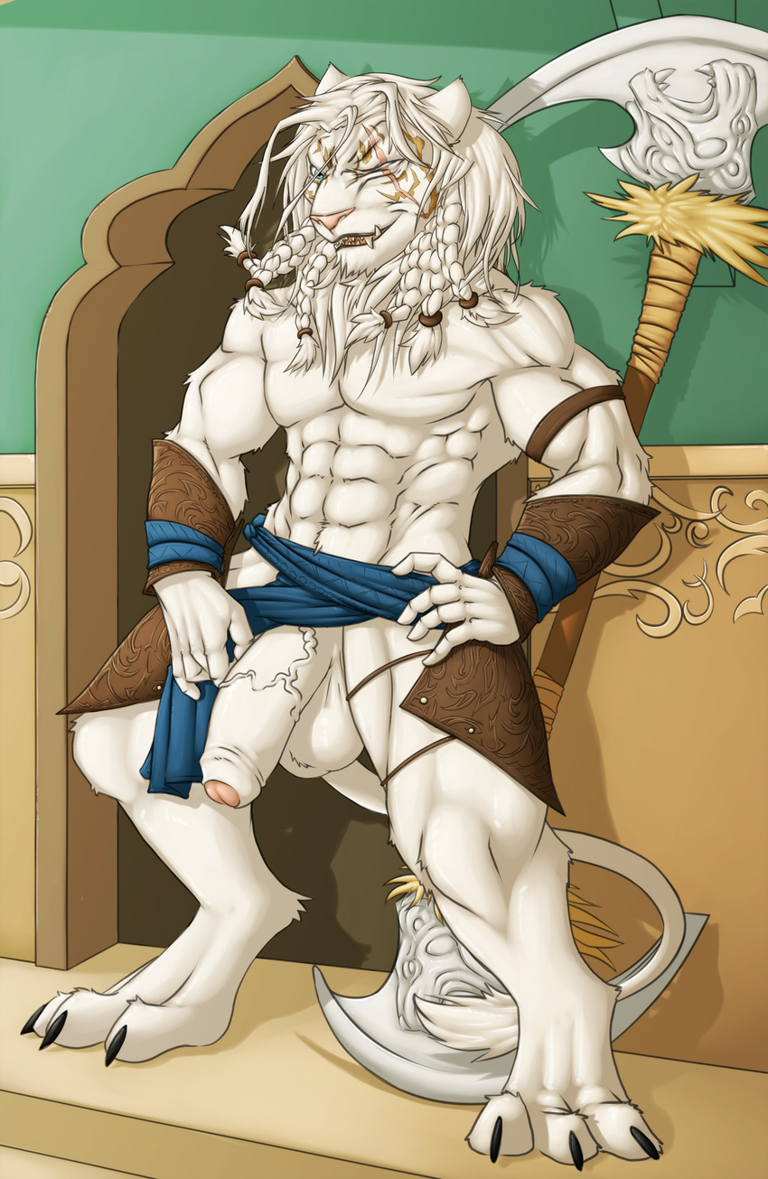 ajani_goldmane anthro balls big_penis feline half-erect hands_on_hips humanoid_penis looking_at_viewer magic_the_gathering male mammal muscular muscular_male penis saruuk scar smile solo uncut vein