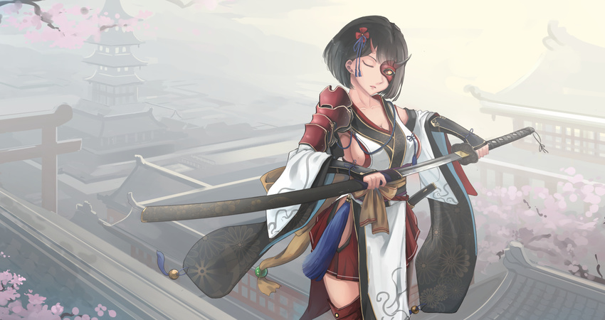 architecture black_hair breasts building cherry_blossoms cleavage closed_eyes collarbone detached_sleeves east_asian_architecture hair_ornament half_mask highres hip_vent japanese_clothes kikivi large_breasts original short_hair sideboob solo sword torii weapon wrist_guards