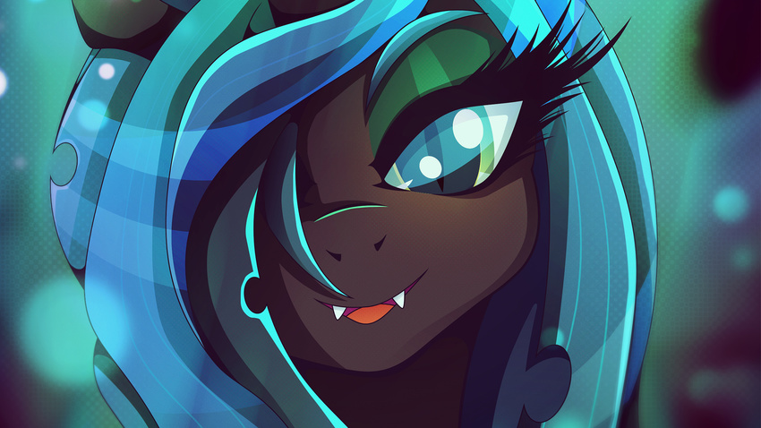 2017 changeling eyebrows eyelashes eyeshadow fangs female friendship_is_magic hi_res looking_at_viewer makeup my_little_pony open_mouth portrait queen_chrysalis_(mlp) rariedash slit_pupils smile solo teal_eyes teal_hair wallpaper