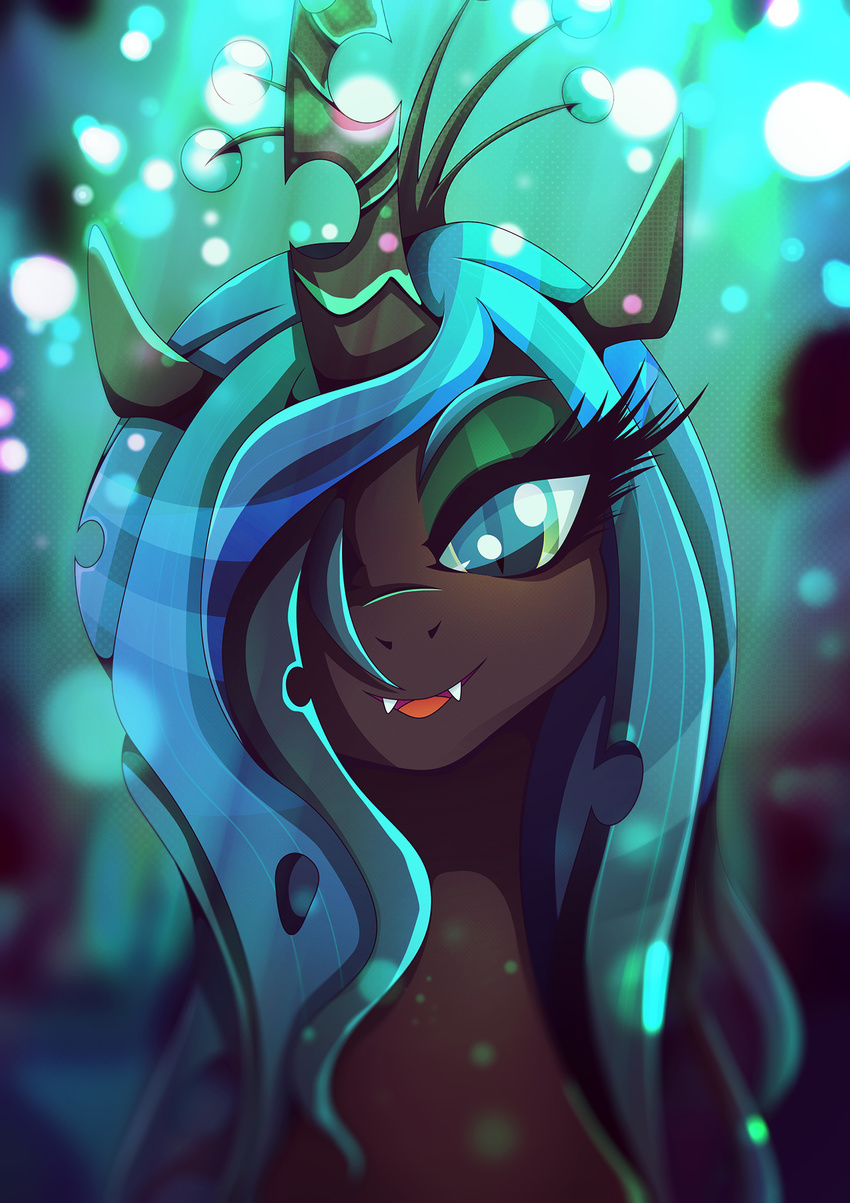 2017 changeling crown eyebrows eyelashes eyeshadow fangs female friendship_is_magic hi_res horn looking_at_viewer makeup my_little_pony open_mouth portrait queen_chrysalis_(mlp) rariedash slit_pupils smile solo teal_eyes teal_hair