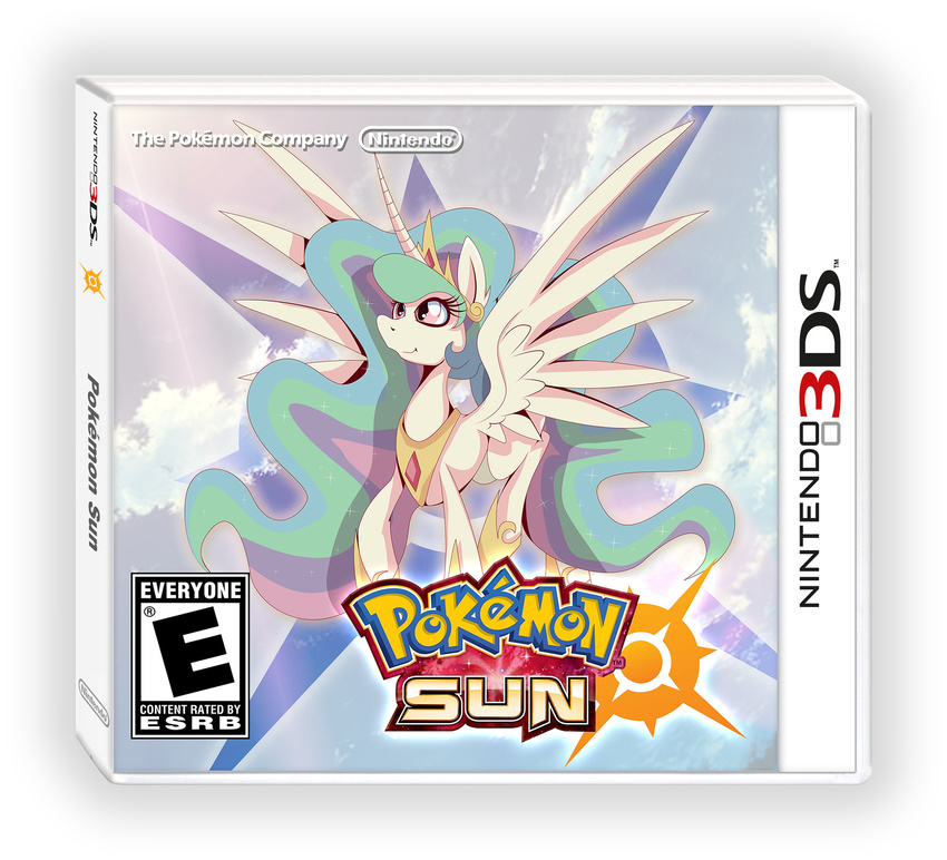 2016 3ds alpha_channel cloud cover_art crossover crown english_text equine eyelashes feathered_wings feathers female flying friendship_is_magic glowing hair hi_res horn jewelry mammal meme multicolored_hair my_little_pony nintendo parody pok&eacute;mon princess_celestia_(mlp) purple_eyes rariedash simple_background sky smile spread_wings sunlight text transparent_background video_games winged_unicorn wings