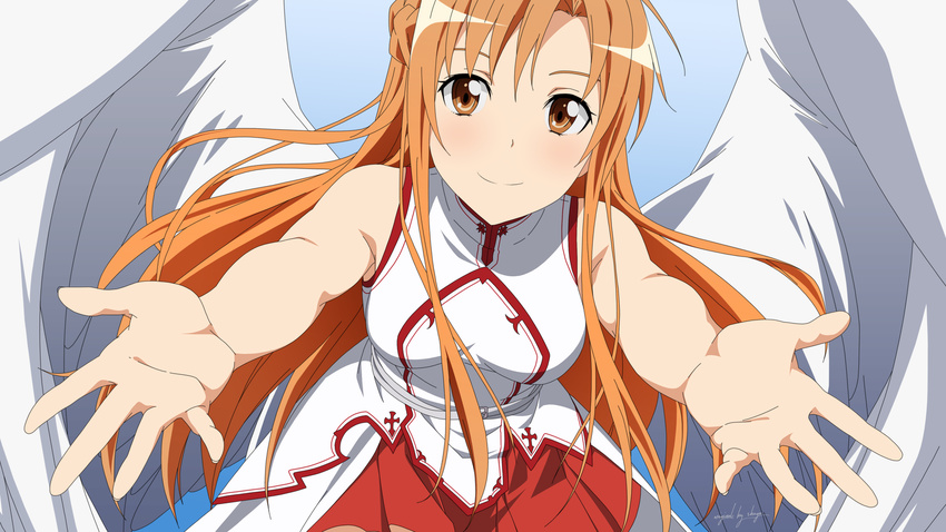 angel_wings asuna_(sao) blue_background breasts brown_eyes brown_hair feathered_wings floating_hair highres long_hair looking_at_viewer medium_breasts miniskirt outstretched_arms pleated_skirt red_skirt skirt sleeveless smile solo sword_art_online very_long_hair white_wings wings