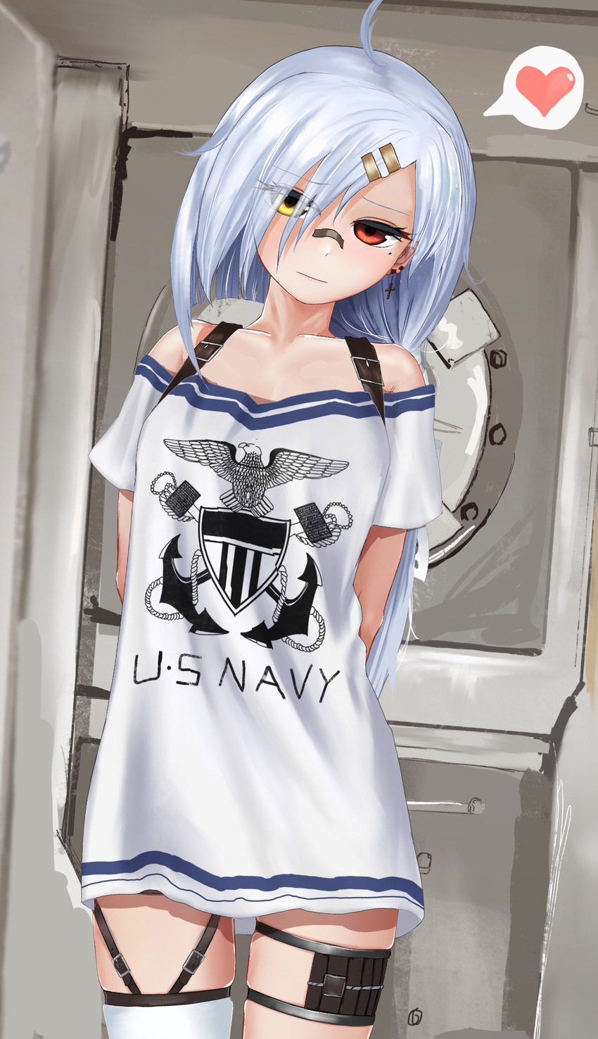 absurdres ahoge arms_behind_back azur_lane bare_shoulders closed_mouth cowboy_shot downes_(azur_lane) dress hair_and_beard hair_ornament hair_over_one_eye hairclip heart heterochromia highres long_hair looking_at_viewer mole mole_under_eye off-shoulder_dress off_shoulder print_shirt red_eyes shirt side_ponytail single_thighhigh skindentation solo speech_bubble spoken_heart thigh_strap thighhighs us_navy white_hair white_legwear yellow_eyes