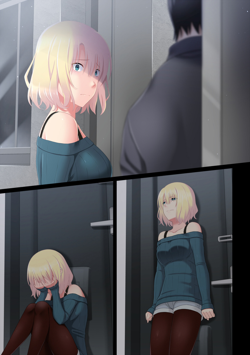 1girl black_hair blonde_hair blue_eyes breasts closed_mouth commentary_request door eyebrows_visible_through_hair hair_between_eyes highres large_breasts looking_at_another off_shoulder original pantyhose short_hair shuko_hime standing surprised tawagoto_dukai_no_deshi