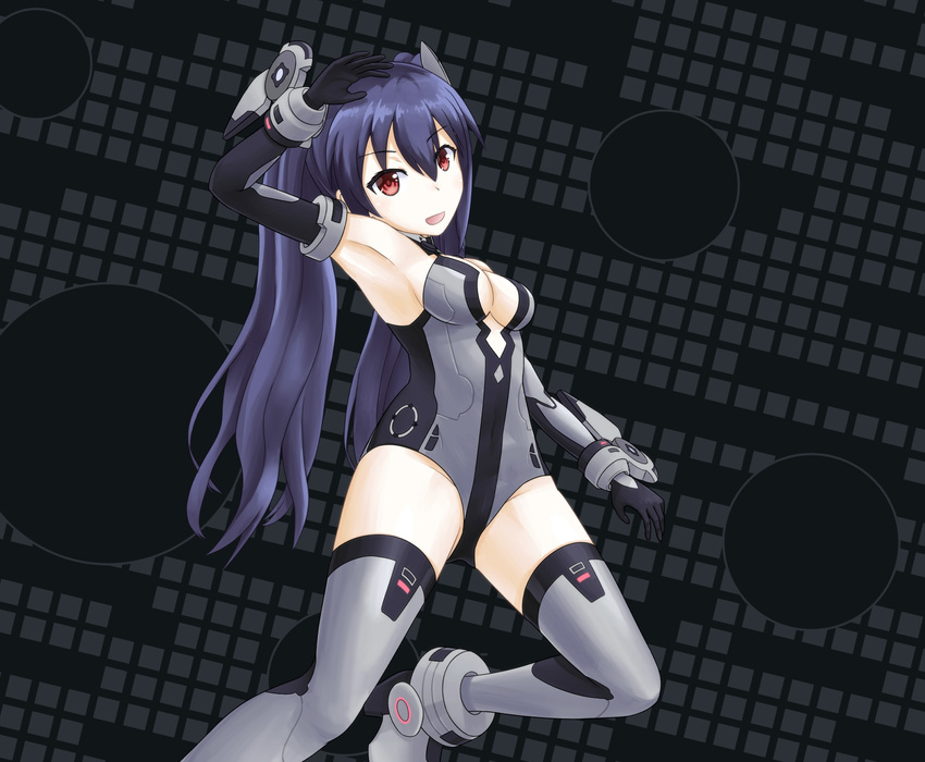 :d armpits black_hair black_heart black_heart_(cosplay) boots cleavage_cutout cosplay elbow_gloves gloves halcyon_(halcyon90) headgear highres leotard looking_at_viewer neptune_(series) noire open_mouth red_eyes smile solo thigh_boots thighhighs twintails