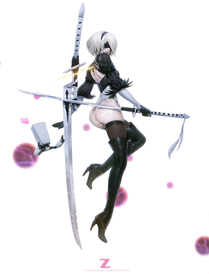 absurdres artist_name ass back_cutout banned_artist black_legwear blindfold bob_cut boots closed_mouth facing_viewer feather-trimmed_sleeves floating_weapon from_side full_body gloves hair_over_one_eye high_heel_boots high_heels highres katana leotard nier_(series) nier_automata ootachi paid_reward patreon_reward paul_kwon pod_(nier_automata) shiny shiny_skin short_hair shoulder_blades silver_hair simple_background solo sword thigh_boots thighhighs weapon white_background yorha_no._2_type_b