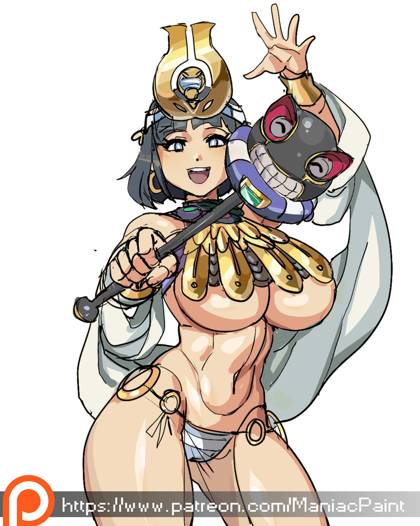 bikini_bottom black_hair breasts contrapposto egyptian hagoromo headpiece highres hood huge_breasts japanese_clothes maniacpaint menace navel queen's_blade revealing_clothes shawl sketch solo standing thick_thighs thighs underboob