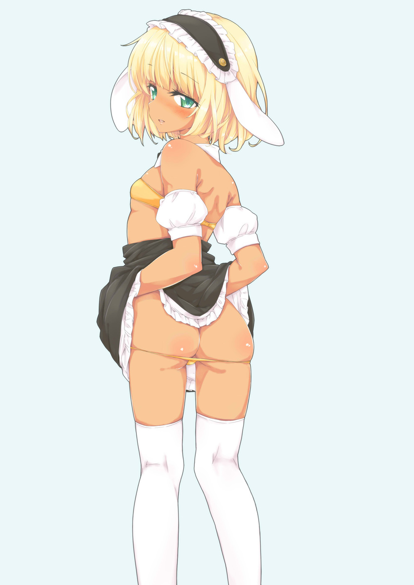 animal_ears aqua_eyes ass bad_id bad_pixiv_id bandeau bangs black_skirt blonde_hair blunt_bangs blush bunny_ears dark_skin detached_sleeves eyebrows_visible_through_hair fake_animal_ears fleur_de_lapin_uniform from_behind gochuumon_wa_usagi_desu_ka? highres itou_ayachi kirima_sharo looking_at_viewer maid_headdress panties panty_pull short_hair skirt skirt_lift solo standing thighhighs underwear wavy_hair yellow_panties