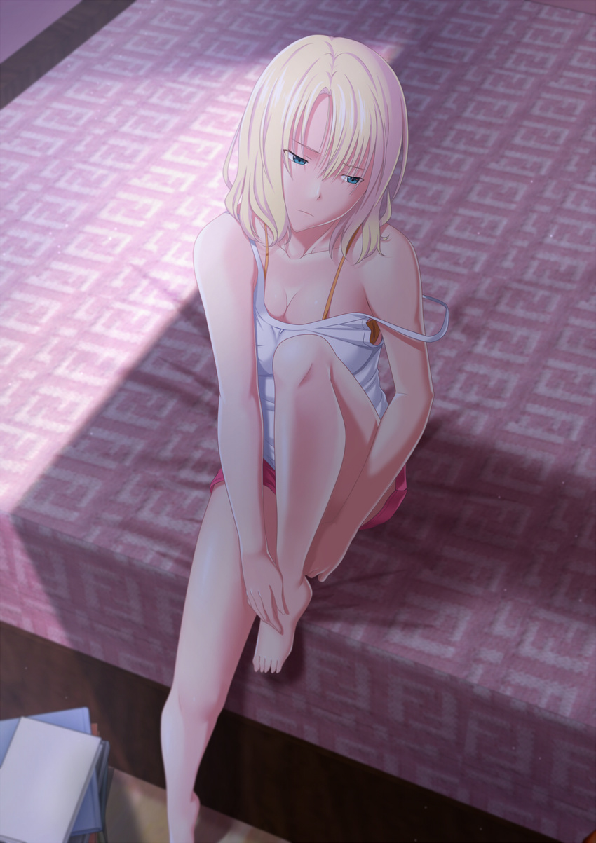 bare_legs bare_shoulders barefoot bed bed_sheet blonde_hair blue_eyes book breasts cleavage collarbone commentary_request dress highres indoors knee_up looking_away medium_breasts on_bed original short_hair shuko_hime sitting solo tawagoto_dukai_no_deshi white_dress