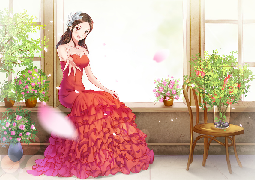 :d absurdres blush breasts brown_eyes brown_hair cleavage collarbone day dress flower gown hair_ornament highres layered_dress lens_flare long_dress long_hair looking_at_viewer ltt_challenger md5_mismatch medium_breasts open_mouth original outstretched_arm petals pink_flower red_dress sitting sleeveless sleeveless_dress smile solo striped striped_dress window
