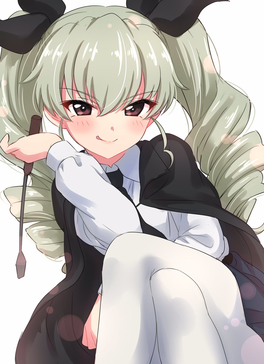 :q anchovy anzio_school_uniform blue_skirt blush brown_eyes cape crossed_legs drill_hair girls_und_panzer green_hair hair_ribbon highres licking_lips long_hair long_sleeves looking_at_viewer naughty_face necktie pantyhose pleated_skirt ribbon riding_crop sekina shiny shiny_hair simple_background sitting skirt smile solo tongue tongue_out twin_drills white_background white_legwear