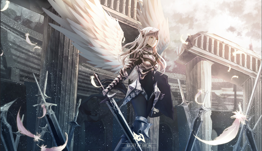 absurdres angel_wings armor armored_boots boots day eyebrows_visible_through_hair feathered_wings floating_hair gauntlets green_eyes hair_between_eyes highres holding holding_sword holding_weapon long_hair original outdoors parted_lips see_n shield silver_hair solo sword thigh_boots thighhighs weapon white_feathers white_wings wings