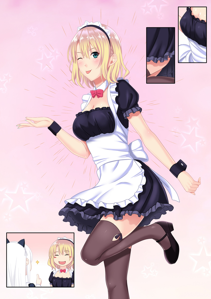 ^_^ ^o^ alternate_costume animal_ears apron black_footwear blonde_hair blue_eyes blush boots breasts cat_ears closed_eyes commentary_request dress enmaided eyebrows_visible_through_hair fake_animal_ears frills hair_between_eyes highres leg_up long_hair long_sleeves looking_at_viewer maid maid_headdress medium_breasts multiple_girls one_eye_closed open_mouth original red_eyes short_hair shuko_hime silver_hair smile standing standing_on_one_leg tawagoto_dukai_no_deshi thighhighs thumbs_up waist_apron