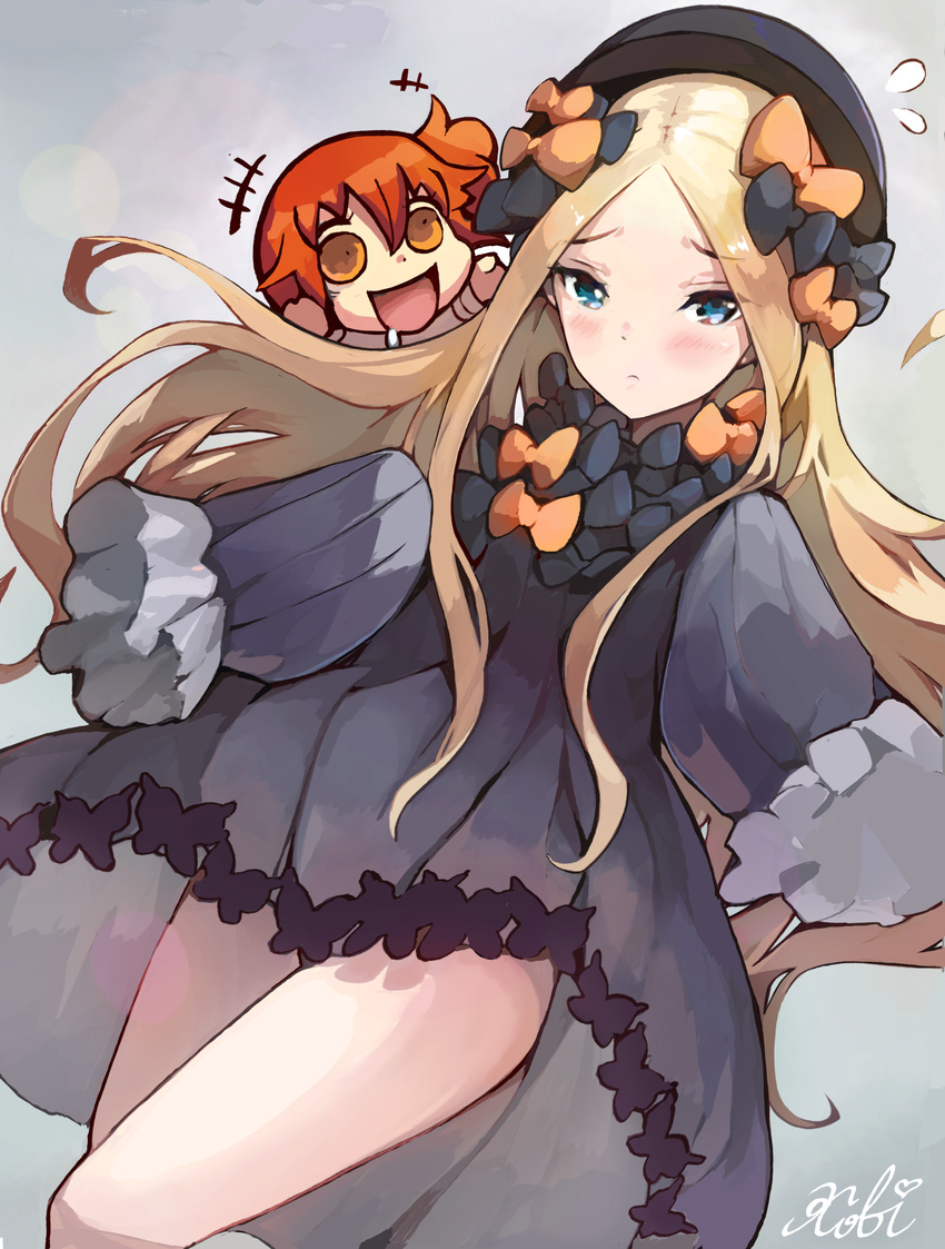 2girls :c :d abigail_williams_(fate/grand_order) absurdres bangs black_bow black_dress black_hat blonde_hair blue_eyes blush bow brown_eyes bug butterfly chibi closed_mouth commentary_request dress fate/grand_order fate_(series) flying_sweatdrops fujimaru_ritsuka_(female) hair_bow hat highres insect long_hair long_sleeves looking_at_viewer multiple_girls open_mouth orange_bow orange_hair parted_bangs piliheros2000 riyo_(lyomsnpmp)_(style) signature sleeves_past_fingers sleeves_past_wrists smile very_long_hair