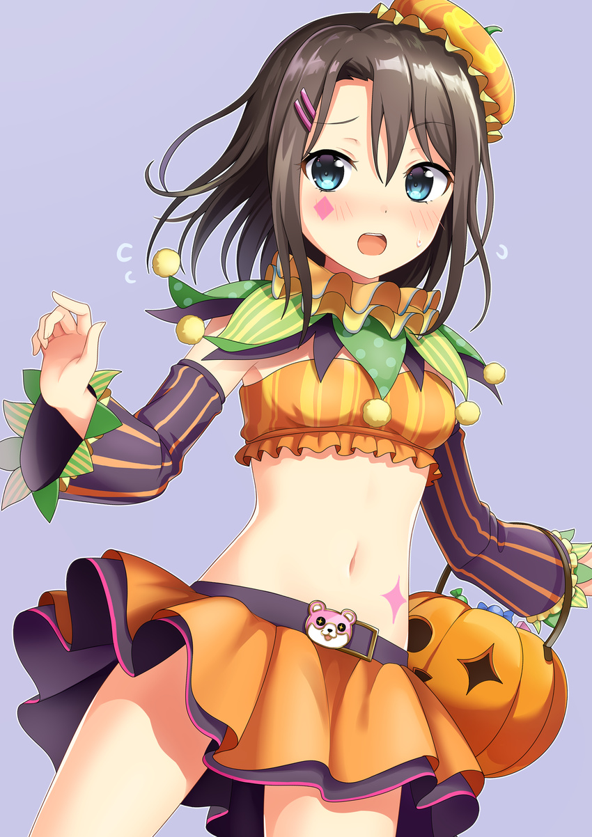 armpit_peek bang_dream! bangs belt black_hair blue_background blue_eyes blush candy capelet cowboy_shot crop_top detached_sleeves flying_sweatdrops food hair_ornament hairclip halloween halloween_basket halloween_costume hat highres midriff navel okusawa_misaki open_mouth parted_bangs pumpkin revision short_hair simple_background skirt solo sweatdrop yuusa