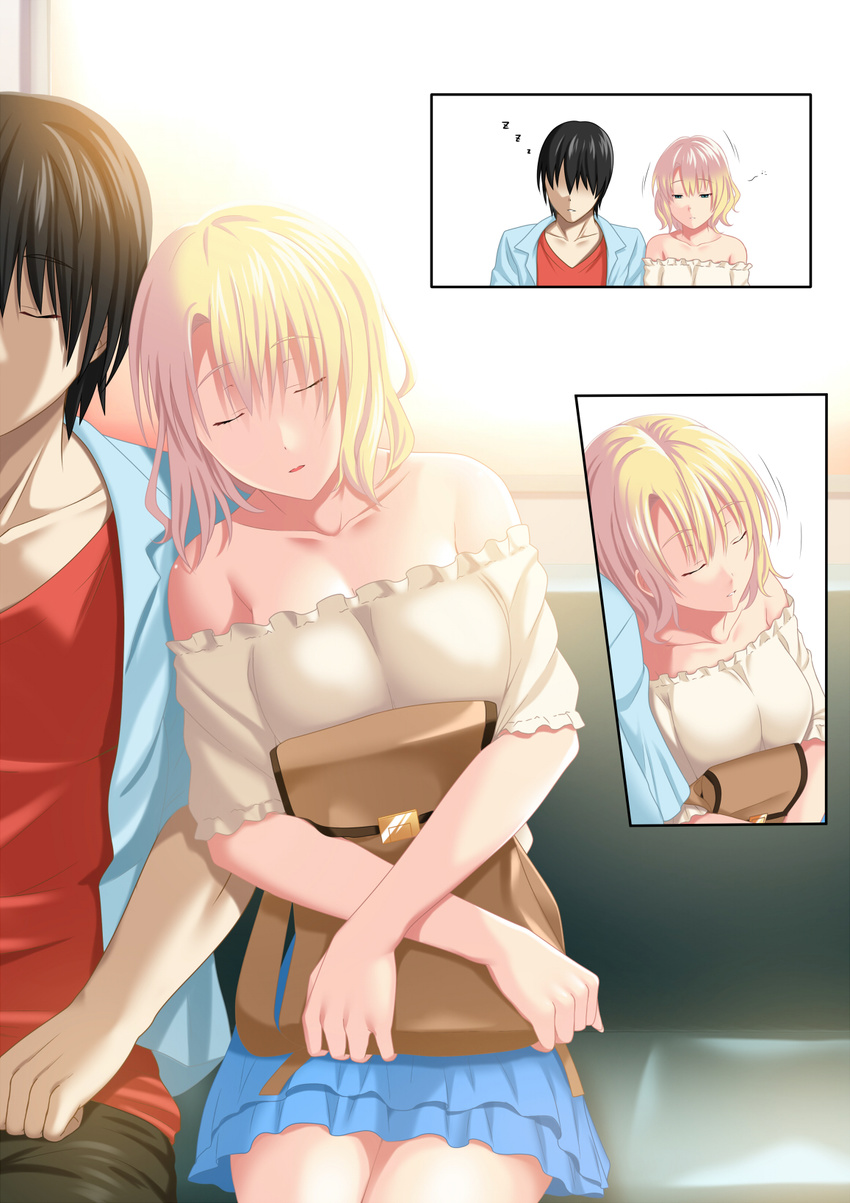 1girl bare_shoulders black_hair blonde_hair blue_skirt breasts cleavage closed_eyes collarbone commentary_request highres leaning_on_person leaning_to_the_side long_sleeves medium_breasts off_shoulder original red_shirt shirt shuko_hime side-by-side sitting skirt sleeping sleeping_on_person sleeping_upright tawagoto_dukai_no_deshi zzz