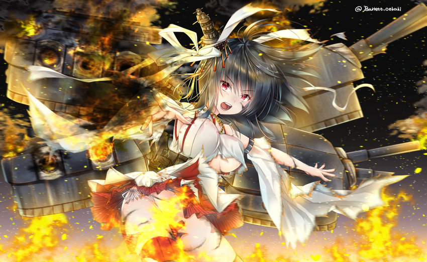 baretto_(firearms_1) black_hair breasts cannon commentary_request damaged detached_sleeves explosion eyebrows_visible_through_hair highres japanese_clothes kantai_collection large_breasts night nontraditional_miko open_mouth outdoors panties pantyshot pantyshot_(standing) red_eyes red_skirt remodel_(kantai_collection) rigging short_hair side-tie_panties skirt solo standing torn_clothes underwear white_panties wide_sleeves yamashiro_(kantai_collection)