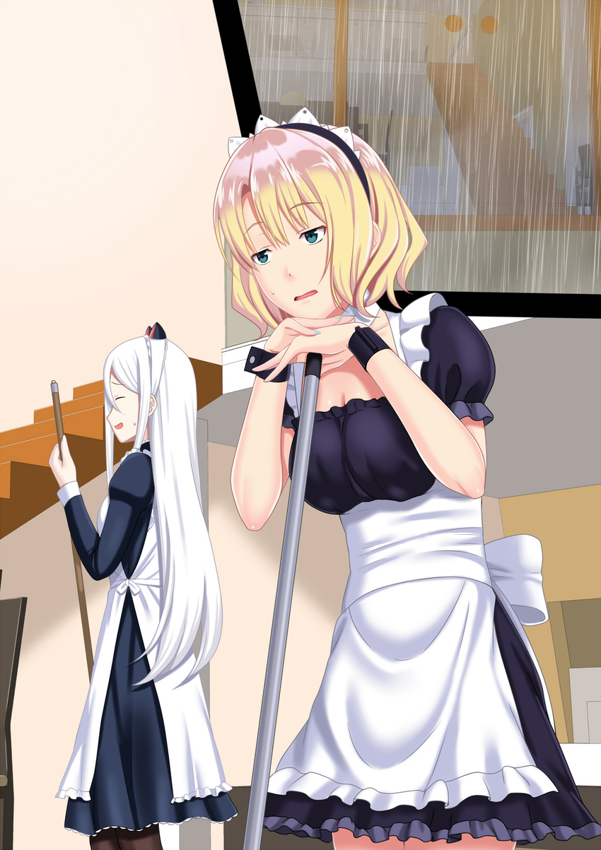 alternate_costume animal_ears apron black_dress blonde_hair blue_eyes blush breasts cat_ears commentary_request dress enmaided eyebrows_visible_through_hair fake_animal_ears frills hair_between_eyes highres indoors long_hair long_sleeves looking_at_viewer maid maid_apron maid_headdress medium_breasts multiple_girls open_mouth original puffy_short_sleeves puffy_sleeves rain red_eyes short_hair short_sleeves shuko_hime silver_hair smile standing tawagoto_dukai_no_deshi thighhighs waist_apron wrist_cuffs