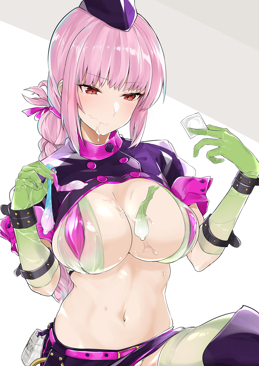 absurdres bikini blush braid breasts closed_mouth commentary_request condom condom_wrapper covered_nipples fate/grand_order fate_(series) florence_nightingale_(fate/grand_order) gloves green_bikini green_gloves green_legwear hat highres large_breasts layered_bikini lips long_hair mitsudoue navel pink_hair red_eyes revealing_clothes see-through short_sleeves shrug_(clothing) skirt solo stray_pubic_hair sweat swimsuit thighhighs trick_or_treatment used_condom