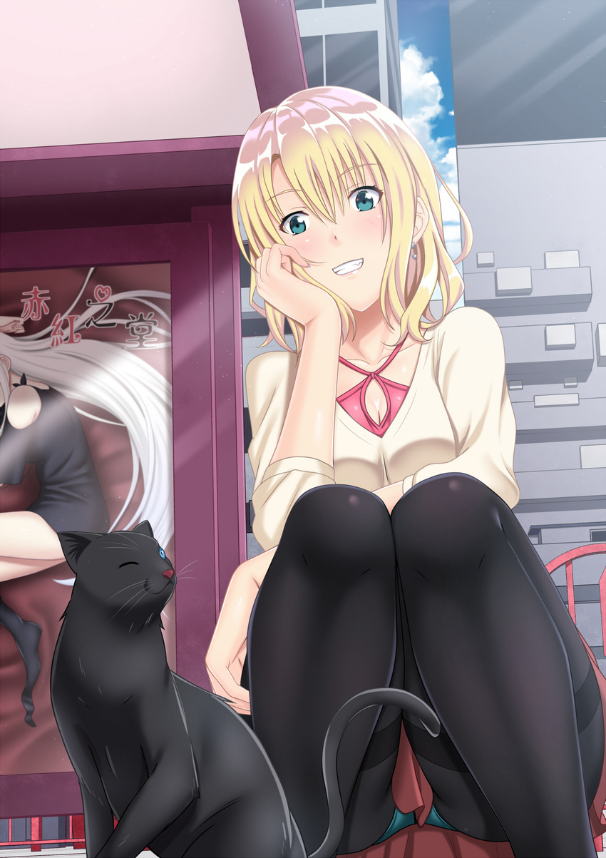 animal black_cat black_legwear blonde_hair blue_eyes blush breasts cat cloud commentary_request day eyebrows_visible_through_hair hair_between_eyes highres long_sleeves looking_at_viewer medium_breasts original outdoors panties panties_under_pantyhose pantyhose short_hair shuko_hime sky smile solo squatting sunlight tawagoto_dukai_no_deshi underwear