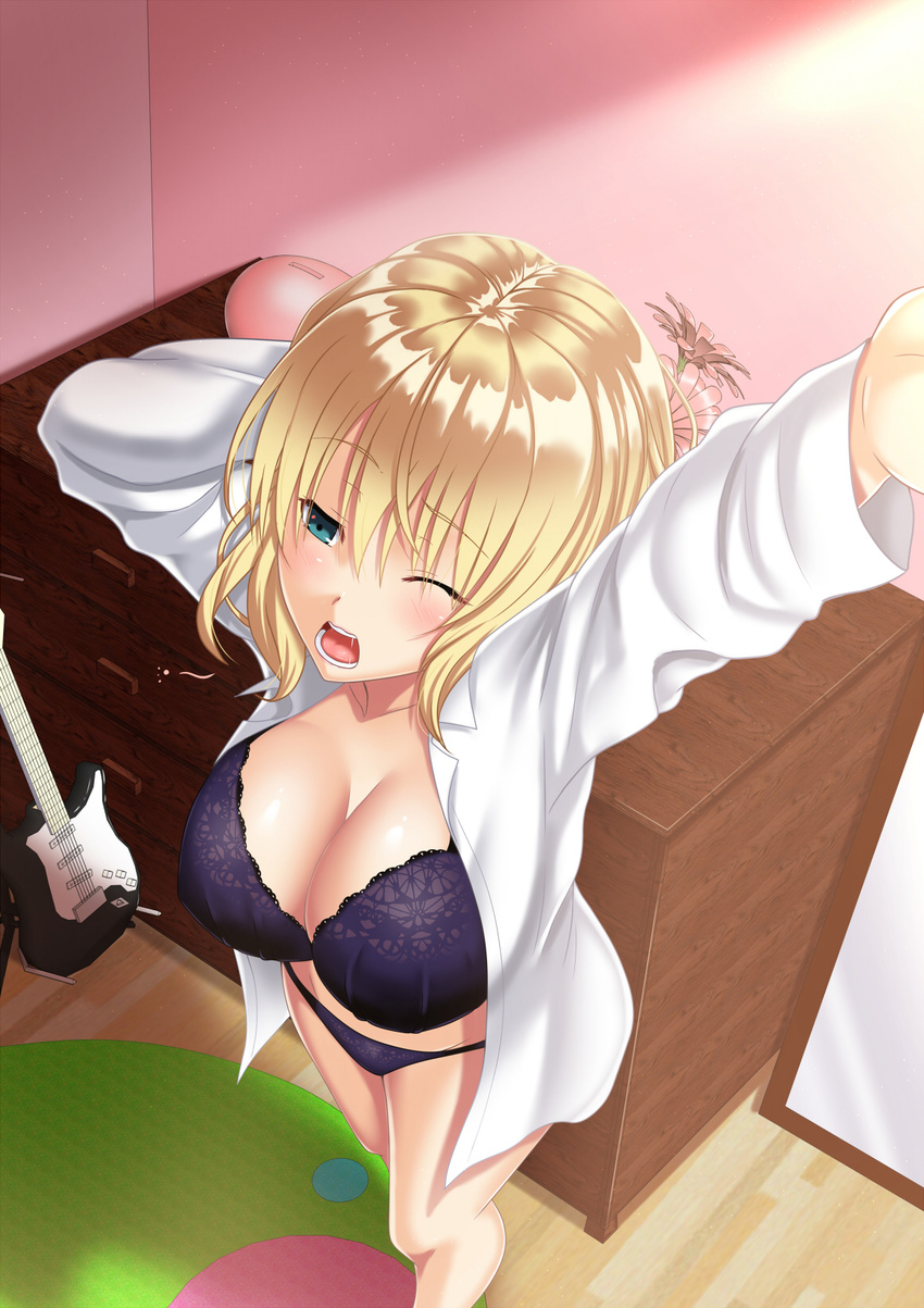 arm_up bare_shoulders blonde_hair bra breasts cleavage collarbone commentary_request dress_shirt electric_guitar feet_out_of_frame frilled_bra frills guitar highres indoors instrument large_breasts lingerie long_sleeves naked_shirt one_eye_closed open_mouth original pajamas purple_bra shirt shuko_hime solo standing stretch tawagoto_dukai_no_deshi underwear yawning