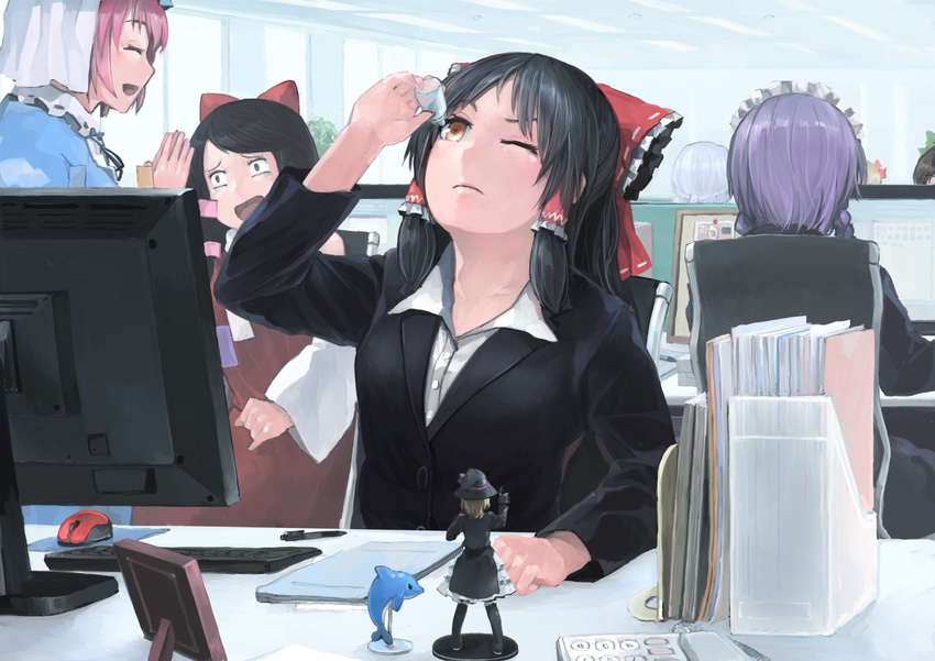 black_hair blush bow braid breasts brown_eyes chair closed_eyes closed_mouth commentary cookie_(touhou) eyebrows_visible_through_hair eyedrops facing_another figure grey_hair hair_bow hair_tubes hakurei_reimu ichiba_youichi izayoi_sakuya large_breasts long_hair looking_away maid_headdress mouse_(computer) mousepad_(object) multiple_girls nadeko_(cookie) office office_chair office_lady one_eye_closed open_mouth phone pink_hair red_bow rei_(cookie) reiuji_utsuho ryuuga_(cookie) saigyouji_yuyuko sananana shiromiya_rei_(cookie) short_hair smile touhou vvan_(cookie)