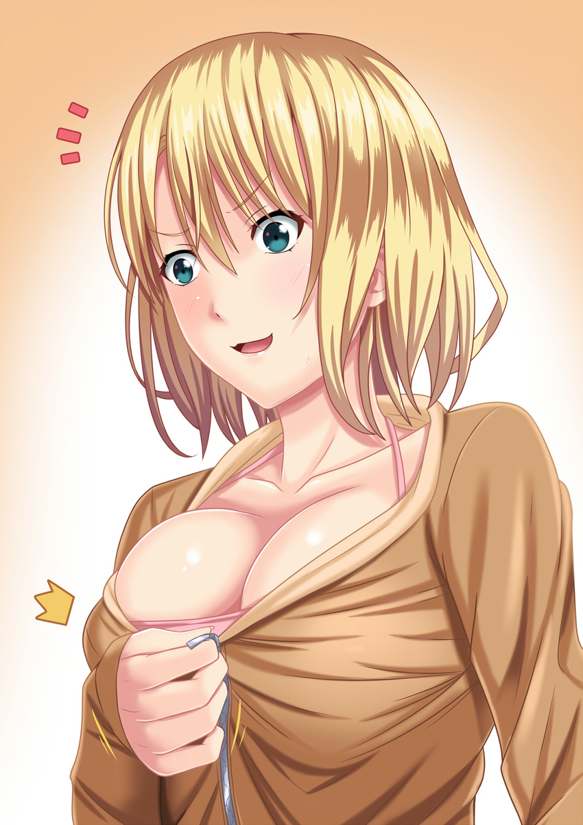 1girl blonde_hair blue_eyes blush breasts cleavage collarbone commentary_request eyebrows_visible_through_hair hair_between_eyes highres large_breasts long_sleeves original short_hair shuko_hime solo tawagoto_dukai_no_deshi upper_body