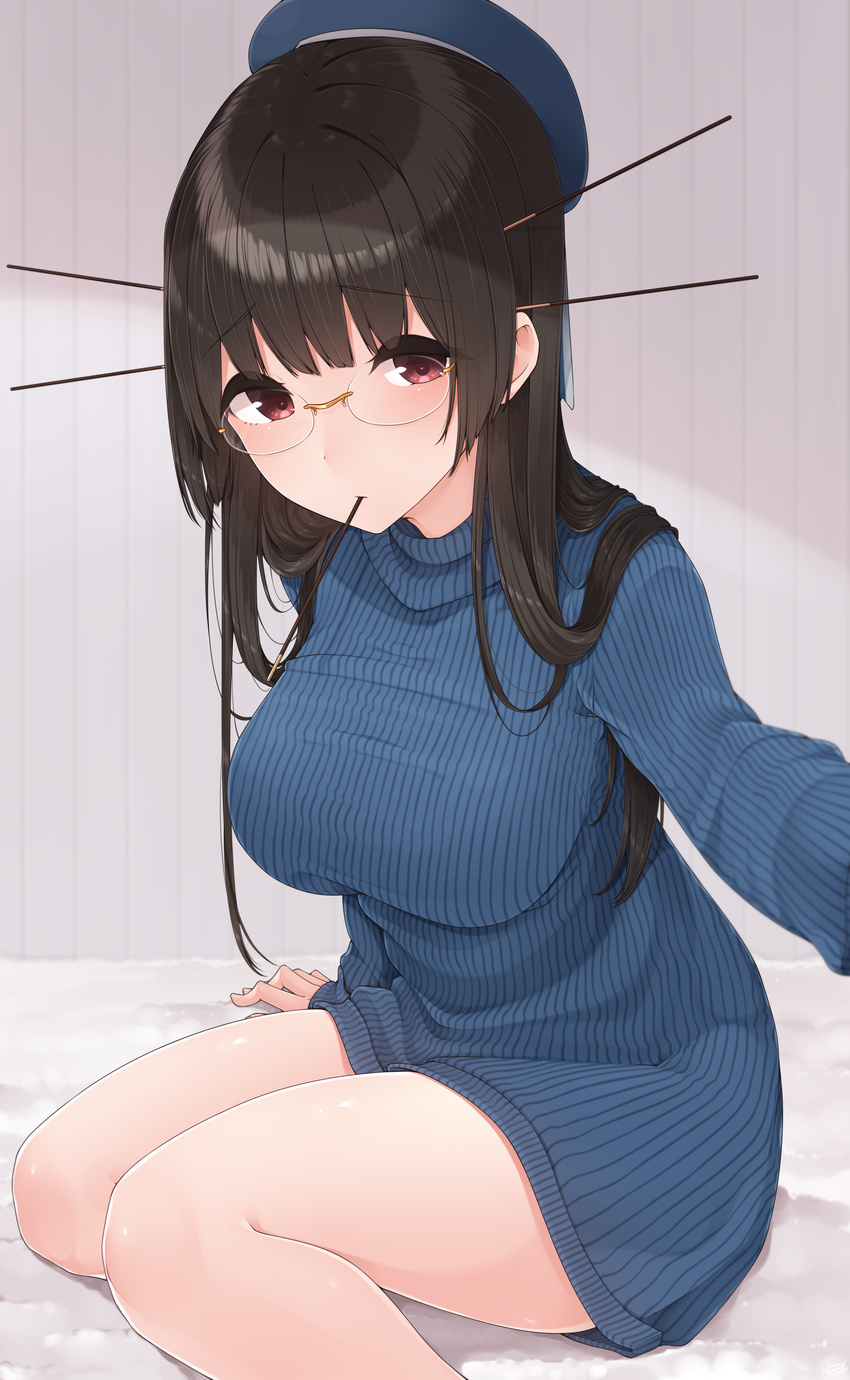 absurdres alternate_costume alternate_hair_length alternate_hairstyle arm_at_side bangs bare_legs bed_sheet beret black_hair blue_hat blue_sweater blunt_bangs blush breasts choukai_(kantai_collection) dress eyebrows eyebrows_visible_through_hair food food_in_mouth hair_ornament hat highres kantai_collection large_breasts long_hair long_sleeves looking_at_viewer mouth_hold pocky raised_eyebrows reaching_out red_eyes remodel_(kantai_collection) revision ribbed_sweater rimless_eyewear self_shot shiny shiny_hair sitting sleeves_past_wrists solo striped sweater sweater_dress thighs turtleneck turtleneck_sweater vertical_stripes yukichi_(sukiyaki39)