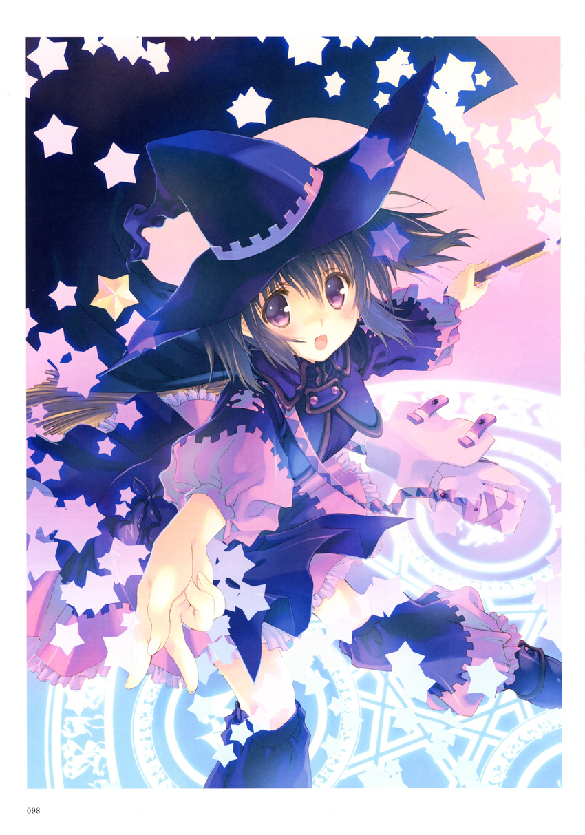 absurdres bag bangs black_hair blush broom dress eyebrows_visible_through_hair frills hat highres holding holding_broom looking_at_viewer magic_circle mitsumi_misato official_art open_mouth purple_eyes scan short_dress smile solo star thighhighs to_heart_2 to_heart_2_dungeon_travelers witch_hat yuzuhara_konomi zettai_ryouiki