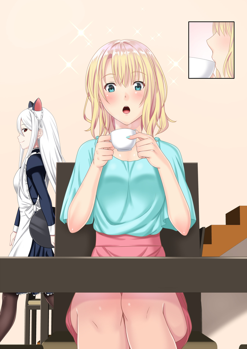 animal_ears apron blonde_hair blue_eyes blush breasts cat_ears chair commentary_request cup dress drinking_glass eyebrows_visible_through_hair fake_animal_ears frills glass hair_between_eyes highres holding holding_cup indoors long_hair long_sleeves maid maid_headdress medium_breasts multiple_girls open_mouth original red_eyes short_hair shuko_hime silver_hair sitting smile standing surprised table tawagoto_dukai_no_deshi thighhighs waist_apron wine_glass