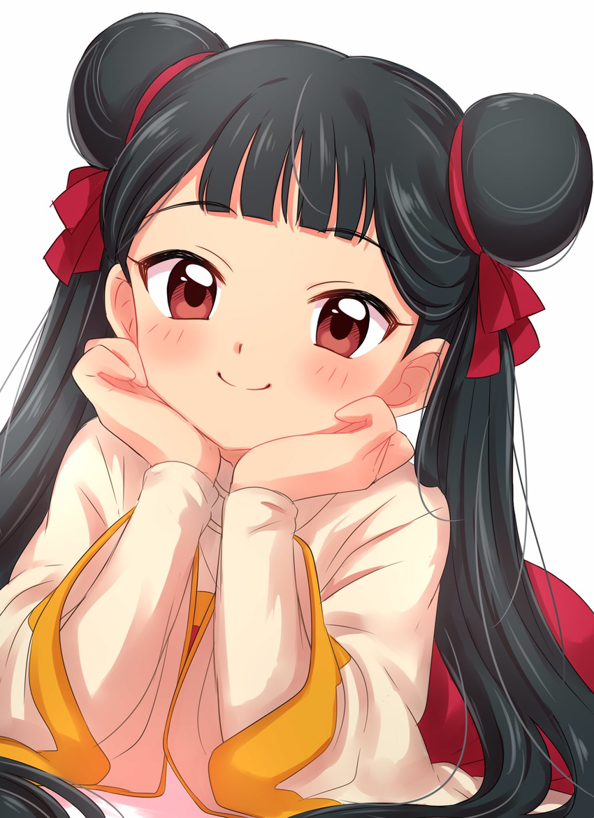 bad_id bad_twitter_id bangs black_hair blunt_bangs blush cardcaptor_sakura chin_rest closed_mouth double_bun eyebrows_visible_through_hair highres li_meiling long_hair long_sleeves looking_at_viewer lying on_stomach red_eyes red_skirt sekina simple_background skirt smile solo twintails white_background wide_sleeves