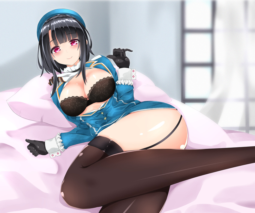 bad_anatomy bed beret black_bra black_gloves black_hair black_legwear blue_hat blue_shirt blush bra breasts eyebrows_visible_through_hair garter_straps gloves hat highres indoors kantai_collection large_breasts long_sleeves looking_at_viewer lying on_side open_clothes open_shirt pillow red_eyes shirt short_hair solo surota takao_(kantai_collection) thighhighs underwear uniform