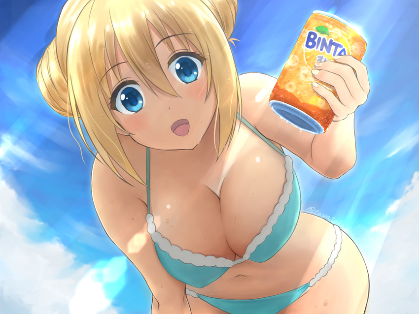 blend_s blonde_hair blue_eyes blue_sky brand_name_imitation breasts can cleavage cloud cowboy_shot day double_bun fanta hinata_kaho large_breasts light_rays long_hair looking_at_viewer open_mouth sky smile soda_can solo sunbeam sunlight toyatokage wide_hips