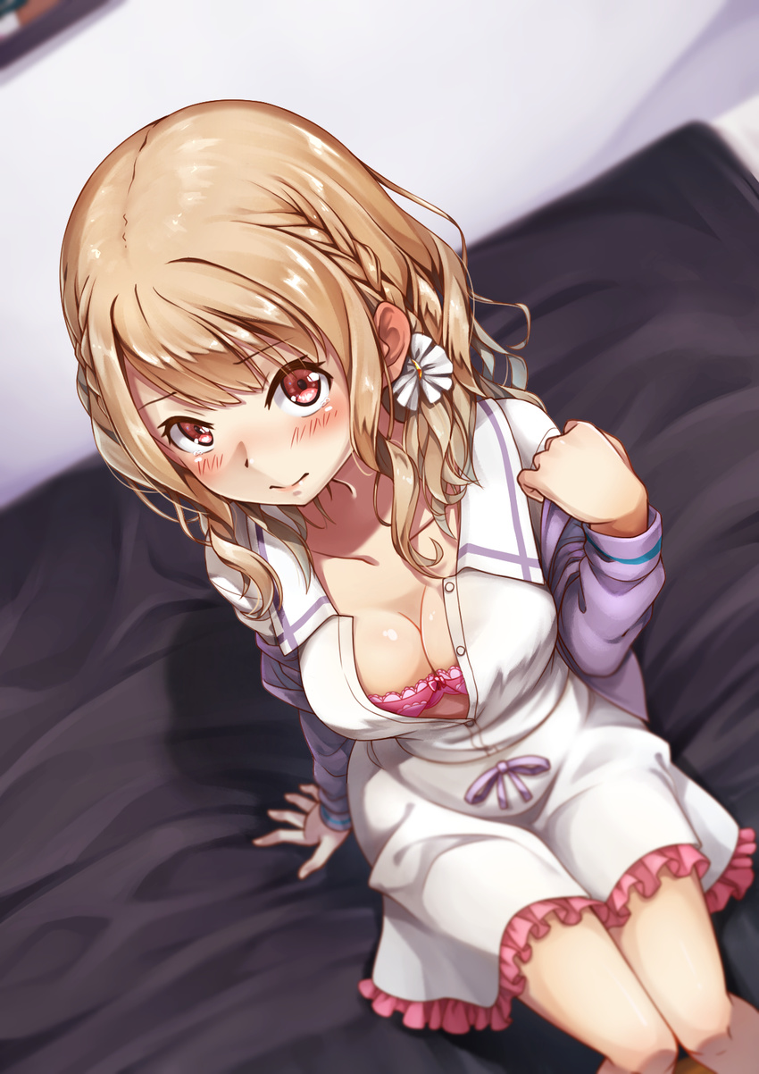 bed blurry blush bow bow_bra bra braid breasts brown_hair cardigan cleavage closed_mouth collarbone commentary_request depth_of_field dress dutch_angle eyebrows_visible_through_hair frills from_above hair_between_eyes highres imouto_sae_ireba_ii indoors long_hair long_sleeves looking_at_viewer medium_breasts off_shoulder on_bed open_cardigan open_clothes partially_unbuttoned pink_bow pink_bra purple_cardigan red_eyes saira shirakawa_miyako side_braid single_braid sitting solo underwear white_dress
